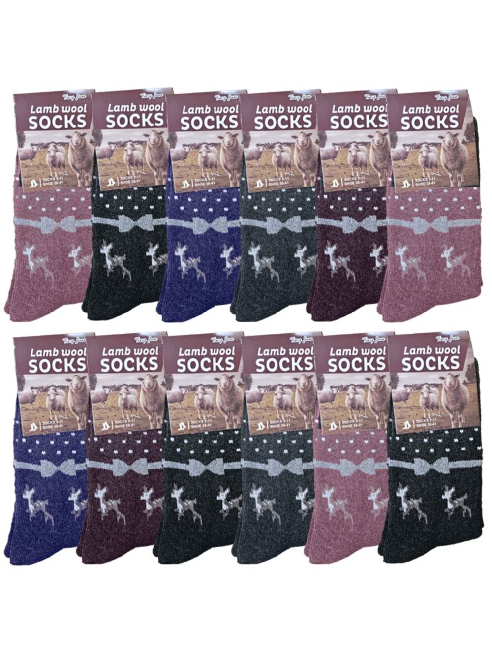 Womens Lamb Wool Socks 12 Pack Winter Warm Cozy, Deer Print, Size 9-11 Boot Sock